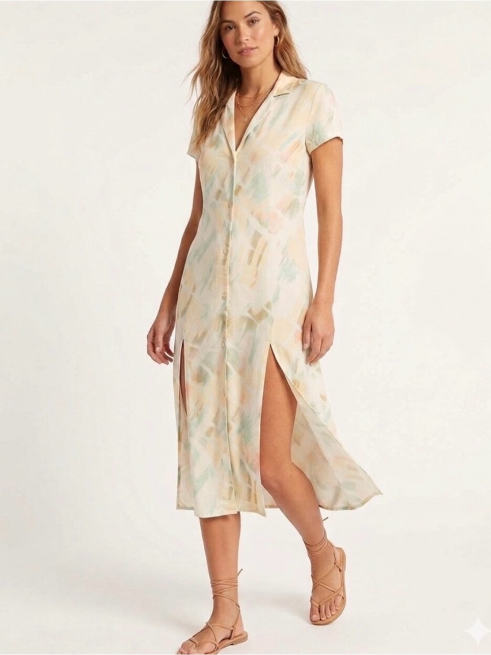 RVCA Pastel Watercolor Beach Shirtdress Coverup Viscose Midi Sz S